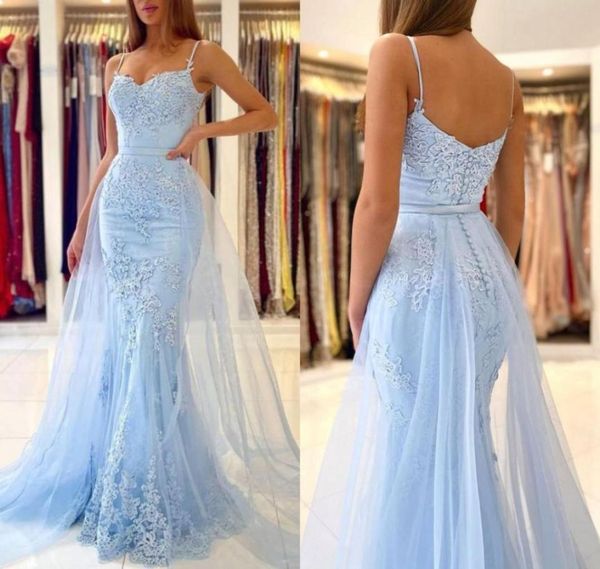 Fantásticos vestidos de noche de sirena azul cielo con falda de tul desmontable encaje aplicado sexy espaguhetti fallecidos