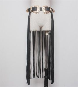 Fantastische lange franje riem zwarte designer riemen voor dames kunstleer lange kwasten dubbele gouden pin gesp riem spot op trendy X035110358