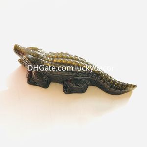 Fantastique cuisette d'or naturel obsidienne Crocodile Figurine Artisanat Golden Black Quartz Crystal Spirit Animal Skull Guérison Sculpture Gift unique pour les hommes