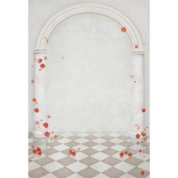 Arrière-plan en arc fantaisie pour photographie de mariage, imprimé de Roses rouges, piliers en pierre, brume de princesse, fête de fille, arrière-plan de cabine Photo