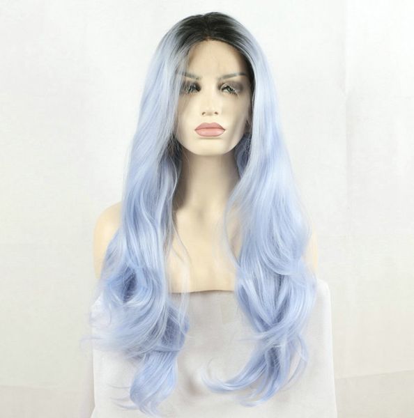 Fantaisie Beauté Fantaisie Beauté Foncé Racine Ombre Pastel Bleu Résistant À La Chaleur Fibre Cheveux Long Nature Vague Bleu Clair Synthétique Avant de Lacet Perruques