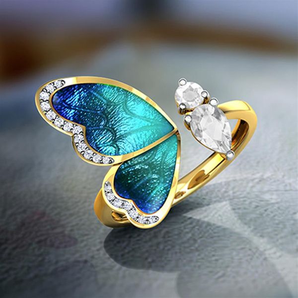 Fantaisie bleu papillon ailes or ouvert bagues bijoux à breloques mode réglable strass fête anneaux pour Women228M