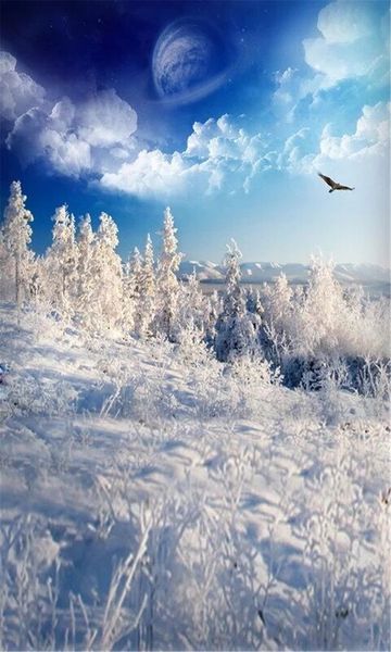 Fondo de fotografía de montaña de nieve de cielo azul de fantasía árboles blancos Águila voladora al aire libre invierno vacaciones escénicas fondo de sesión de fotos para niños