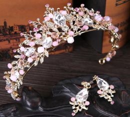 Tocado de novia de cristal de fantasía, corona de cumpleaños, tiaras de hojas de diamantes de imitación, conjunto de joyas nupciales de pelo rosa con pendiente half up9797069