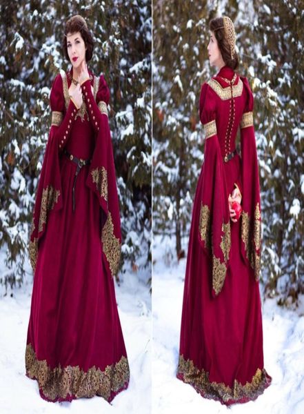Vestido de fiesta elfo de fantasía vintage retro de manga larga de encaje dorado gótico estilo Tudor disfraz Hada Renacimiento faire vestido de noche 2035506