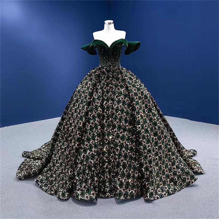 Fantasy Evening Dress Sequins Off Shoulder Prom Party Fluffy Skirt SM5918