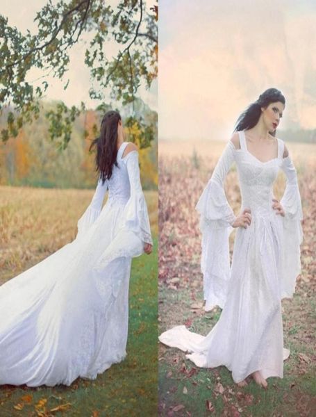 FAISE FAIRY MÉDIÉVALE Lacette de mariage Robes de mariage personnalisés sur les manches longues de l'épaule de la ligne une ligne de terrain en mousseline de soie blanche et de la dentelle BRIDA7184641