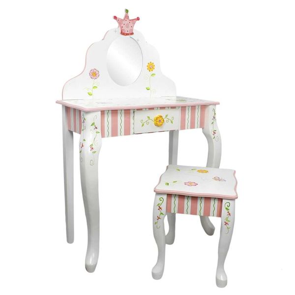 Fantasy Fields - Juego de Tocador y Taburete Princesa Rana, 1 Cajón, Regalo Infantil, Blanco Rosa, Corona