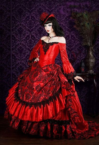 Fantasy Médiéval Vobes de l'épaule à manches longues Black and Red Gothic Victorian Robes de soirée perles Perpoises