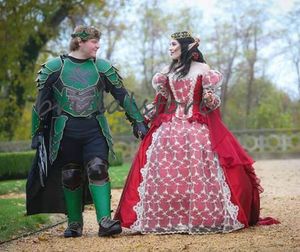 Fantasy Red Queen Robes de mariée gothiques Halloween Medieval Country Garden Une robe de mariée en ligne avec dentelle manches longues Corset Brid216P