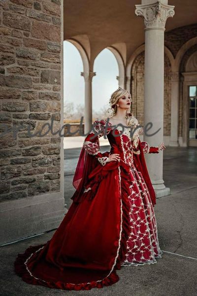 Fantasía Reina Roja Vestidos de novia góticos Halloween Jardín rural medieval Una línea Vestido de novia con encaje Mangas largas Corsé Brid270p