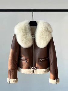 Fantfur manteau d'hiver pour femmes 100% col de fourrure de renard mouton mérinos double face fourrure solide épais chaud veste 240105