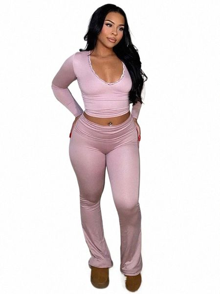 Fantoye Sexy col en V profond dentelle femmes deux pièces ensembles rose Lg manches T-shirt taille haute pantalon femme maigre pantalon décontracté costume 2024 Q1eg #