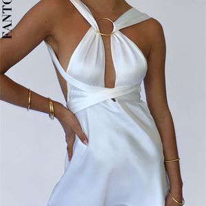 Fantoye Sexy Hollow Out Bandage Dames kleden witte asymmetrische hoge taille mini -jurk vrouwen lente skinny mode streetwear 220527