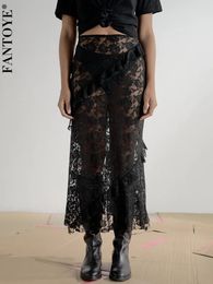 Fantoye Sexy Voir à travers des femmes en dentelle Jupe noire haute taille floral y2k jupe féminine