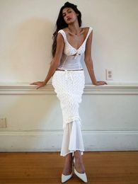 Fantoye Sexy Voir à travers des femmes en dentelle Jupe Sang White Spaghetti Strap Crop Top Long Autumn Slim Casual Casual Two Piece Set 2023 240401