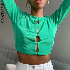 Fantoye Lente Basic Lange Mouwen Design Dames Tops Shirt 2021 Nieuwe Casual Green Short T-shirt Vintage O-hals Skinny Streetwear X0628