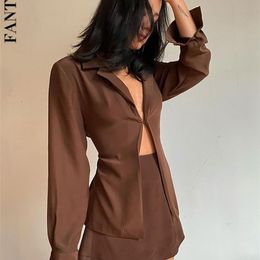 Fantoye Turndown Collar Button Twee -delige set bruine lange mouw bovenste hoge taille rok vrouwen herfst sexy slank kantoor outfits 220707