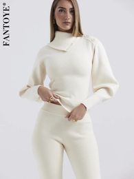 Fantoye tweedelige sets vrouwen gebreide set witte turn-down kraag knop trui skinny pant suit winter casual sweatshirt set 231220