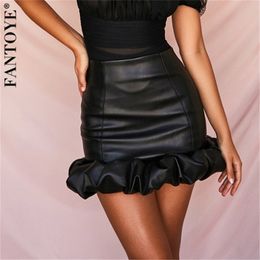 Fantoye Vintage Elegant Black Pu Srokken vrouwen Fashion Faux Leather Bud Rokken herfst geplooide dames sexy feest korte rokken 210306