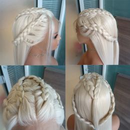 Fanxition Blonde synthetische pruik met gevlochten blonde lange rechte kant voor pruiken voor vrouwen warmte vezel haarpruik natuurlijke haarlijn