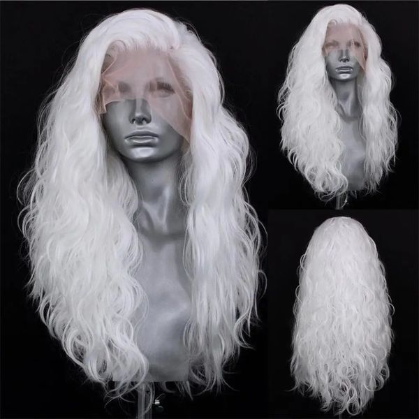 FanXition White Loose Body Wave Wig Synthétique Long Wavy en dentelle ondulée perruques pour femmes Cosplay Costume Costume Fair Wig 240409