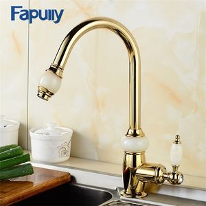 Fapully Gold Kitchen Mixer Pull Out Spray Head Faucet Jade Crystal Handle Grifos de cocina montados en cubierta Brass Sink Body Mixer 549-33 T200424