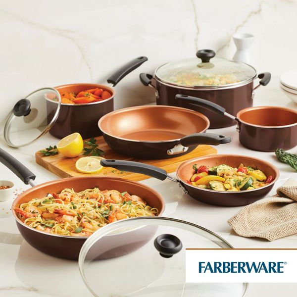 Farberware de 14 piezas Easy Clean Pro Ceramic Pots antiadherentes y sartenes Set/Cookware Juego de ollas marrones Cocina