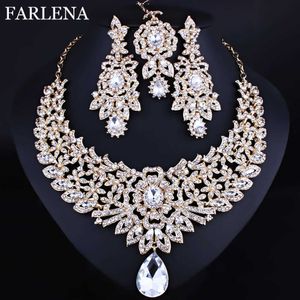 Farlena Classic Indian Bridal Necklace Oorbellen en Frontlet Set Luxe Bruiloft Bruiloft Crystal Rhinestones Sieraden Sets H1022