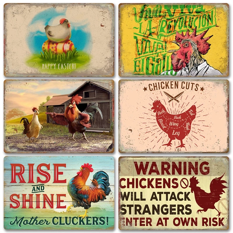 Farm Chickens Tin Signs Metal Painting Vintage Poster Rooster Hens Fresh Eggs Retro Plaque Wall Stickers Painting for Farm Outdoor Door Home Decor 30X20cm