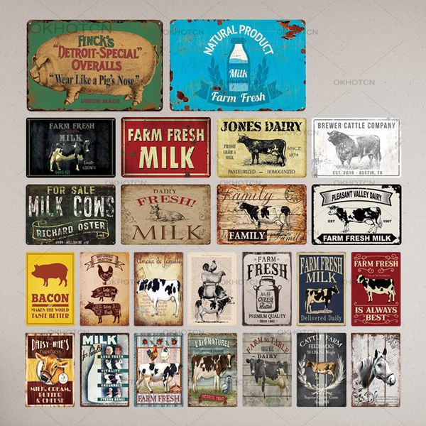 Panneaux en étain de lait frais de ferme, Plaque en métal Vintage, décor mural de ferme Vintage, vache cochon rétro café français, décor de ferme, panneaux en métal taille 20x30cm