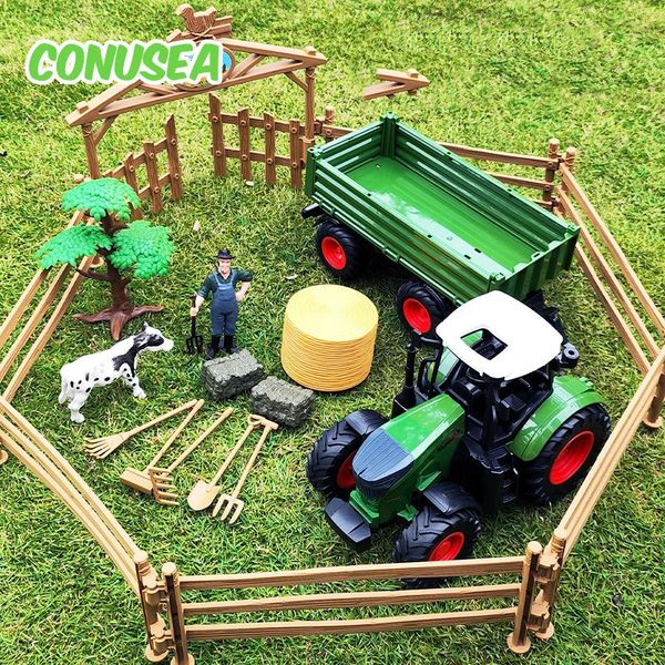 Tractor agrícola con remolque, carretilla elevadora, modelo de coche, conjunto de agricultura, ganado, camiones, agricultores, transportadores, juguetes para niños, regalo para niños 240105