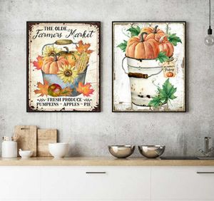 Boerenmarkt Herfst Pompoenen Bladeren Vintage Poster Rustieke Metalen Herfstbord Canvas Schilderij Landelijke Boerderij Stijl Prints Decor8879000