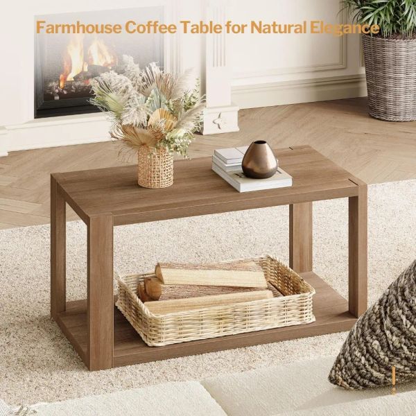 Table basse en bois de ferme - table boho avec étagère de rangement, table d'accentuation en bois central rectangle, table d'appoint de canapé 2tier