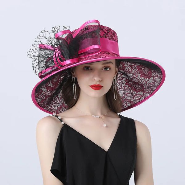 Fascinant Kentucky Grand Chapeau Dames Tea Party Mariage Été Organza Femmes Fleur Large Large Bord Mode Vintage Fedora 240309