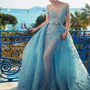 Fascinante robe de soirée bleu clair avec surjupe en dentelle de cristal appliques col bijou robe de soirée à manches courtes sexy voir à travers Pr287e