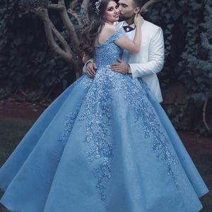 Fascinating Sky Blue Prom Dresses Luxe Parels Applicaties Off Schouder Kantjurk Beroemdheid Party Jurken Glamoureuze Dubai Lace Avondjurk