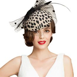 Fascinators zwarte luipaardpilbox hoed met sluier 100% Australian Wool Filt Huwelijkshoeden vrouwen vintage bowknot cocktail fedora2911