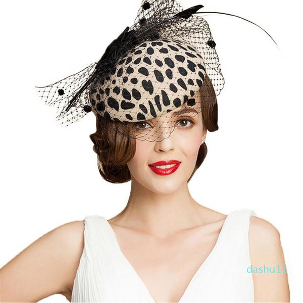 Fascinators Chapeau pilulier léopard noir avec voile 100% laine australienne feutre chapeaux de mariage femmes Vintage Bowknot Cocktail Fedora263k