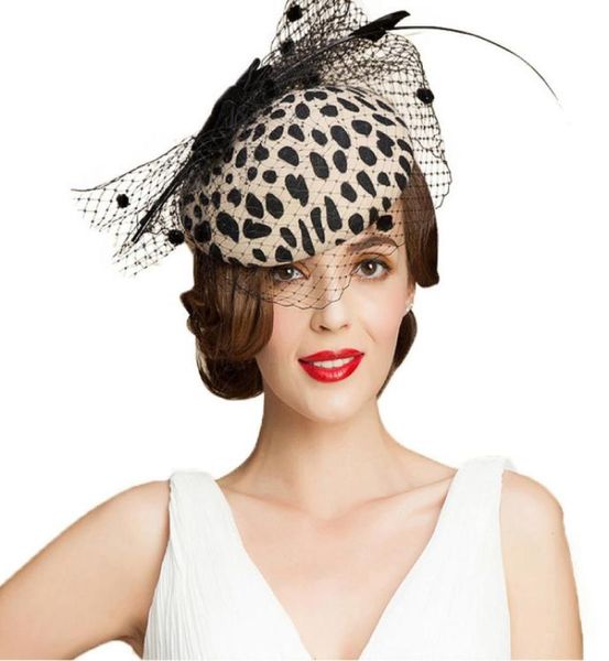Fascinateurs Black Léopard Pillbox Hat avec Veil 100% Wool Felt Wedding Hats Femmes Vintage Bowknot Cocktail Fedora9030944