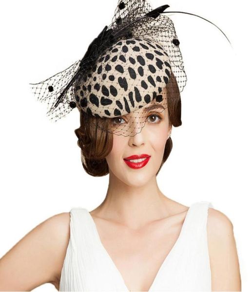 Fascinateurs Black Léopard Pillbox Hat avec Veil 100% Wool Felt Wedding Chapeaux Femmes Vintage Bowknot Cocktail Fedora7361644