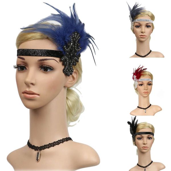Fascinators avec plume pour femmes élégant Vintage strass perlé casque dames années 1920 fête plume clapet rétro bandeau