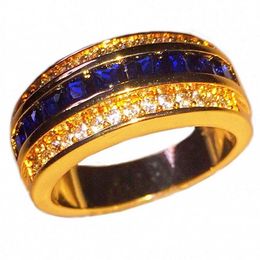 Mode 10KT or jaune GF anneaux diamant carré simulé zircone bleu saphir pierre précieuse bague de fiançailles anniversaire pour Me257s