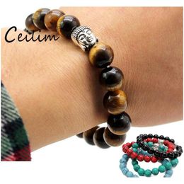 Mode 10 mm tijger eye kralen boeddha mannen armbanden gebed chakra genezing meditatie turquoise natuarl stone yoga vrouwen sieraden 1Mebi