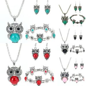 Mode 10pcs / lot Classique Hibou Turquoise Bijoux Ensembles 3 Pièce Ensemble Vintage Bohême style Bracelet Pendentif Collier Boucle D'oreille Pierre Naturelle