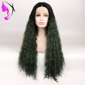 Mode 13x4 kinky krullend pruik met baby haar pre plukte gebleekte knopen ombre groene kleur braziliaanse synthetische kant pruiken voor vrouwen