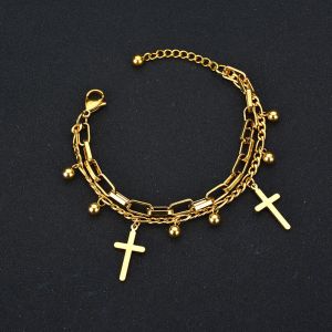 Bracelets à breloques croisées en or 14 carats pour femmes, chaîne de perles de couleur dorée, bijoux chapelet religieux