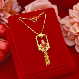 Collier en or 14 carats pour femmes, bijoux de fiançailles de mariage, bijoux en pierre précieuse de jade, pendentif à pompon long avec pierre d'agate rouge Q0531