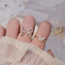 Mode 14K Reales Gold Hohl Schmetterling CZ Ring für Frauen Einstellbare Offene Design Pflastern Zirkon Schmetterling Ring Hochzeit Schmuck gift2018