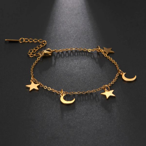 Mode 14k or jaune pentagramme lune pendentif cheville filles été plage exquis mignon accessoires cadeau